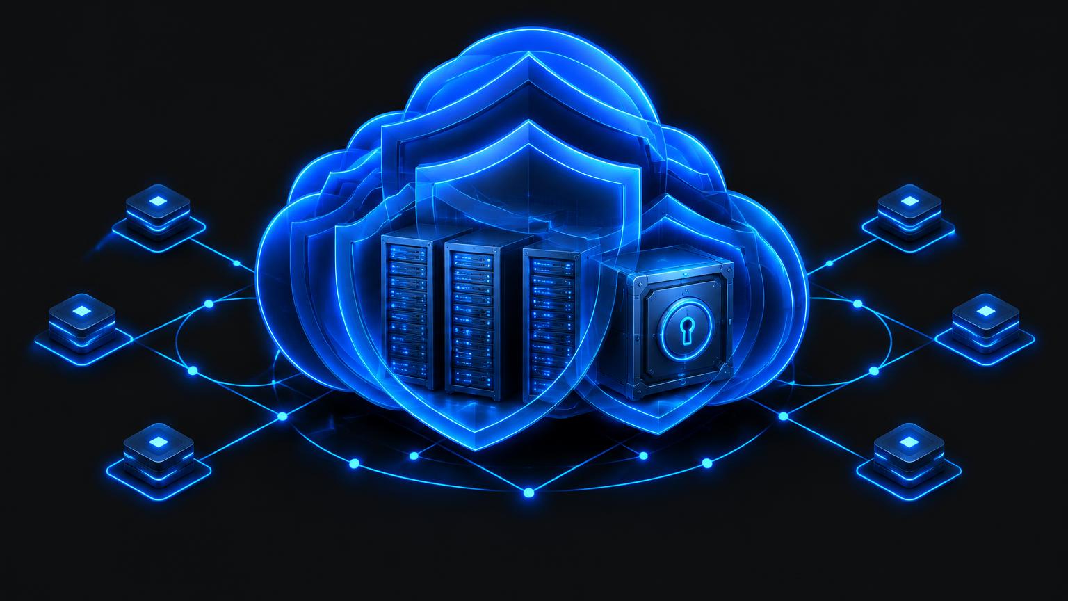 Blue cloud made of layered shields protecting servers and a locked vault, connected to surrounding network nodes