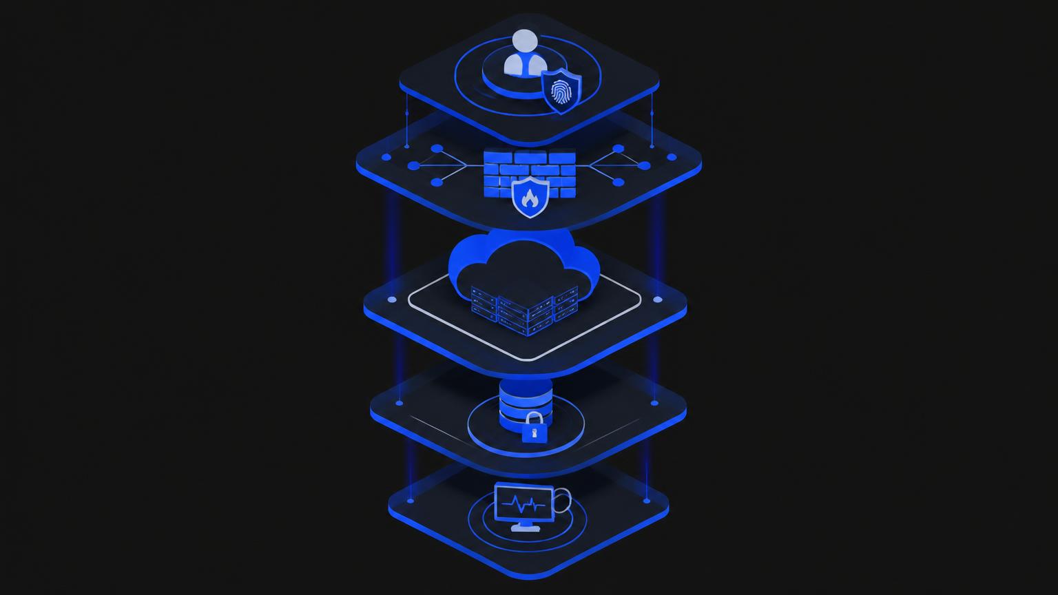 Five stacked layers around a cloud workload: identity, network firewall, workload, encrypted data and monitoring
