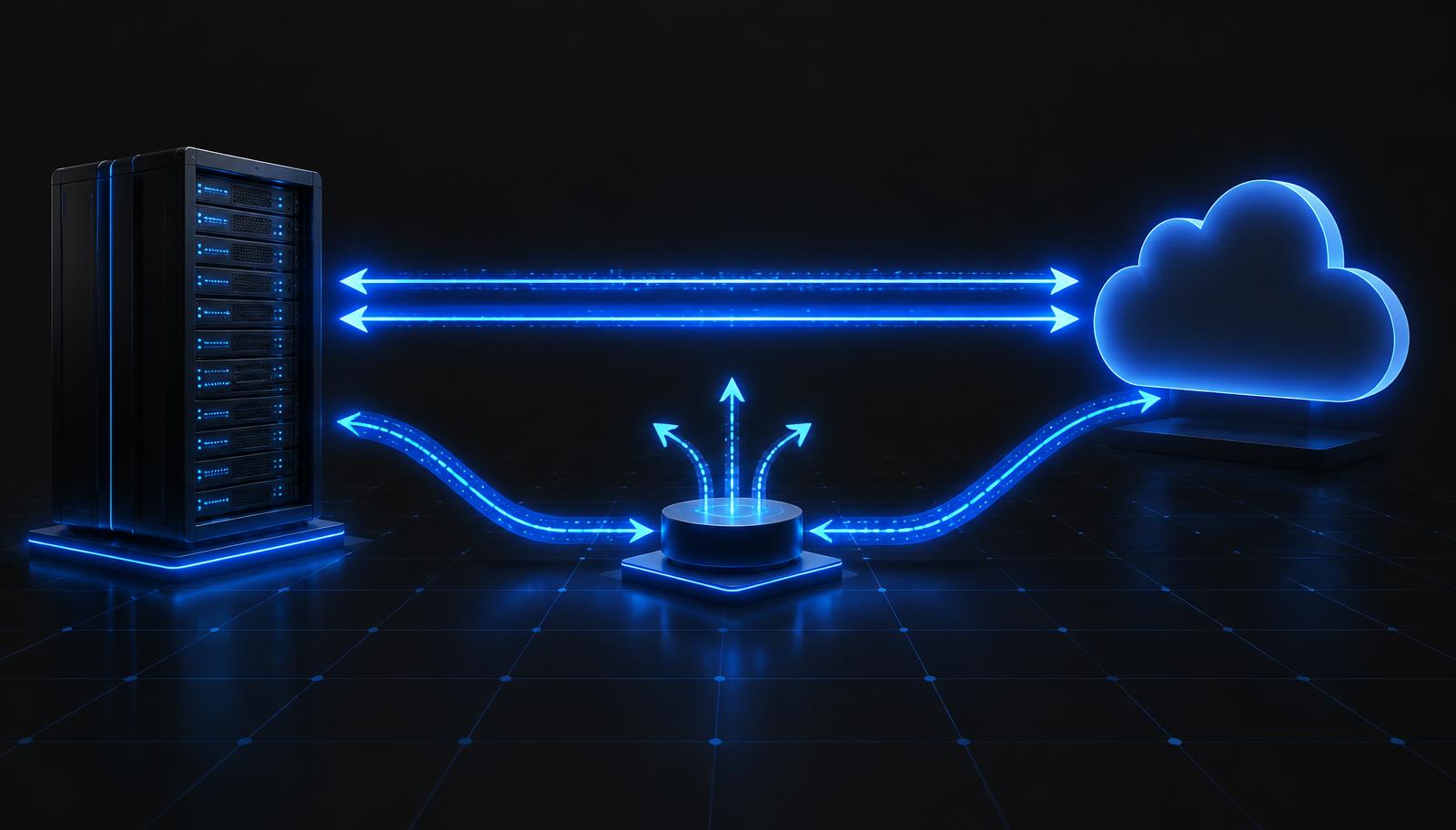 On-premises server rack connected to the cloud by a direct path and a relay-based path