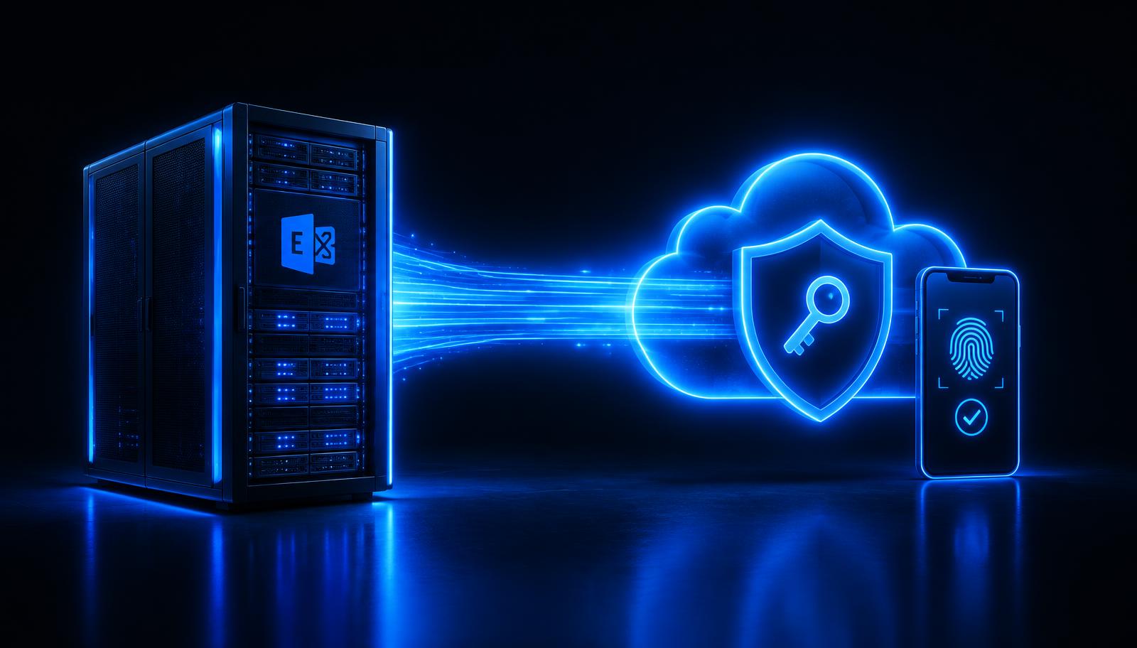 On-premises Exchange server connected by a secure beam of light to a cloud identity shield with a key and a phone showing fingerprint verification