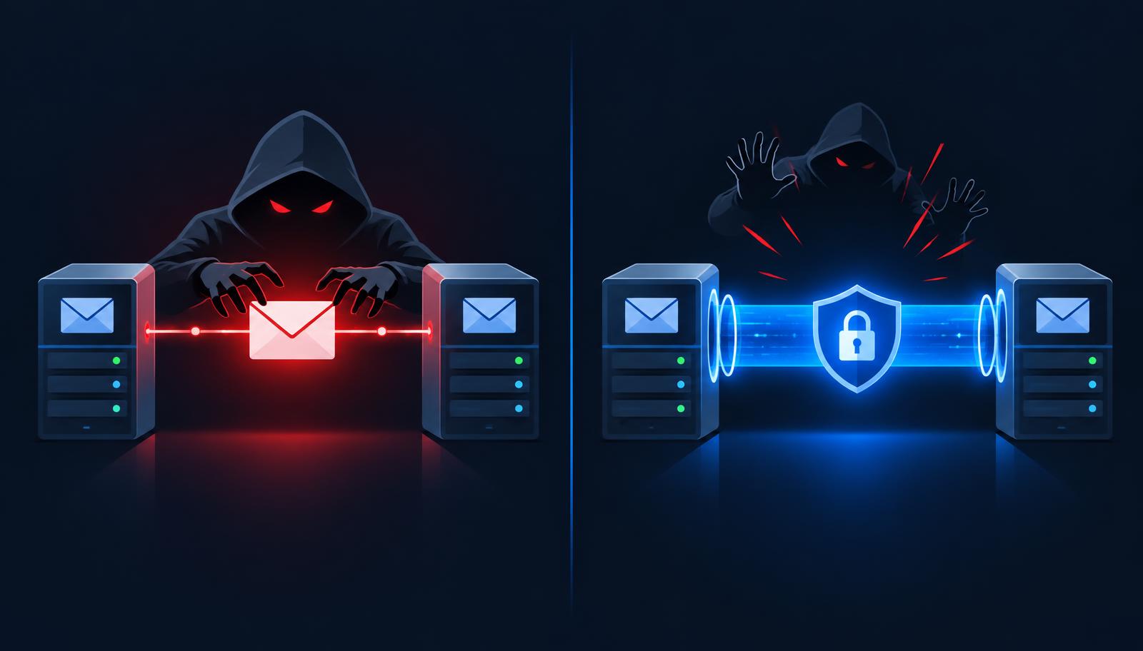 Split illustration showing an attacker intercepting mail between two servers on the left, and an encrypted shielded connection blocking the attacker on the right