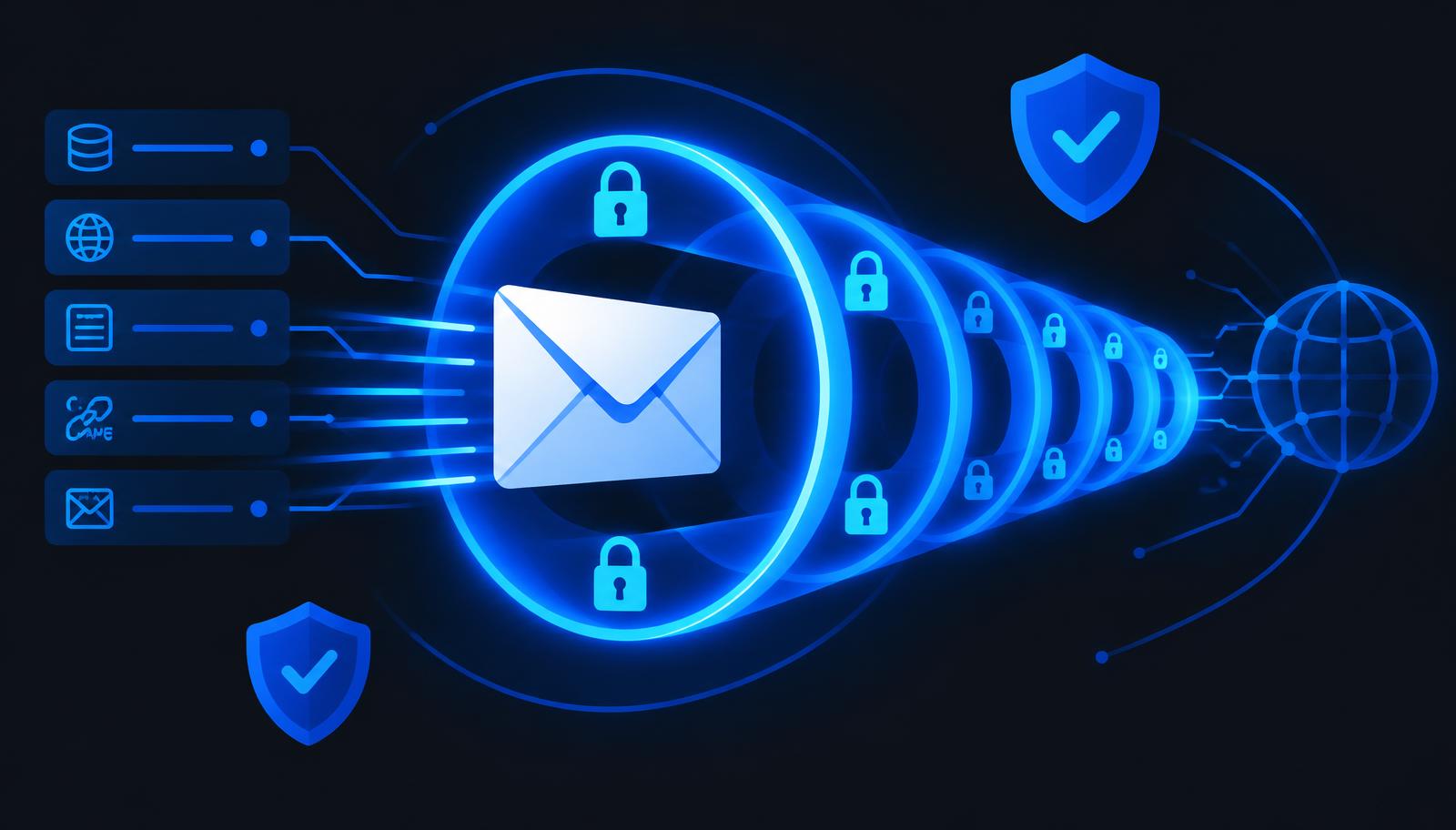 An email envelope traveling through a glowing encrypted tunnel of lock icons toward a shield