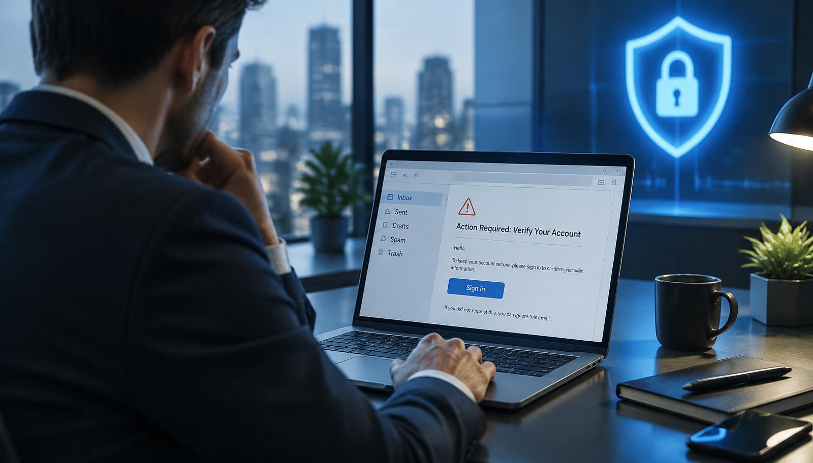Office professional pausing at a laptop displaying a suspicious account verification email