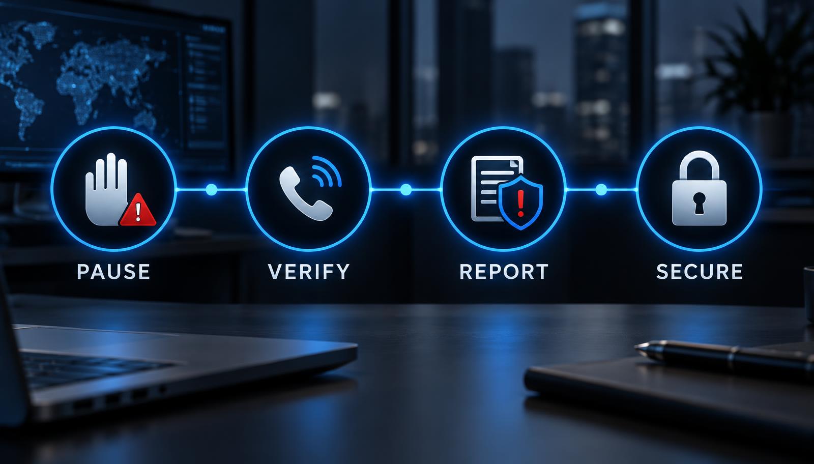 Four-step phishing response process: pause, verify through a trusted channel, report the message, and secure affected accounts
