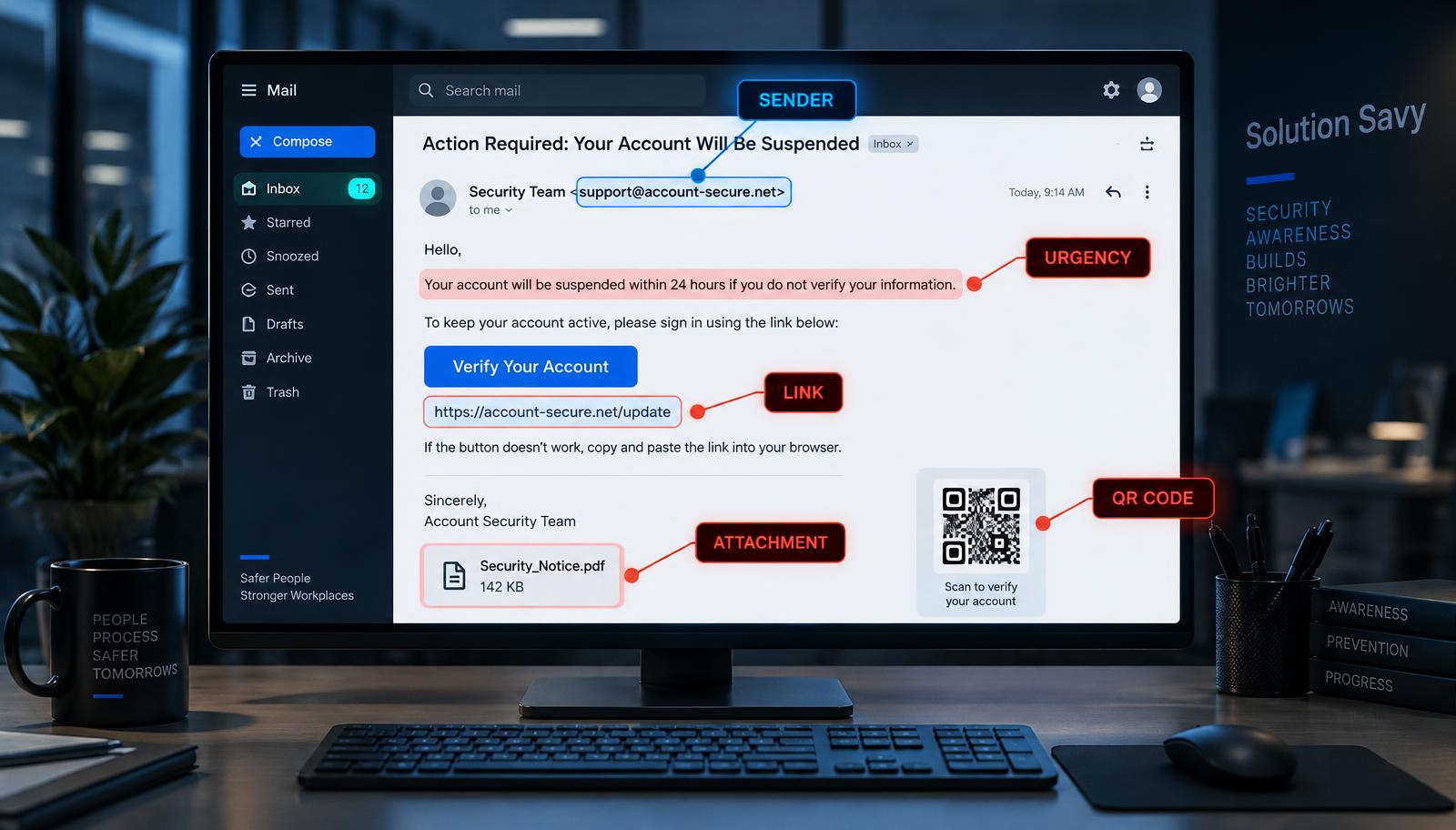 Example suspicious email highlighting a deceptive sender, urgency, mismatched link, unexpected attachment, and QR code