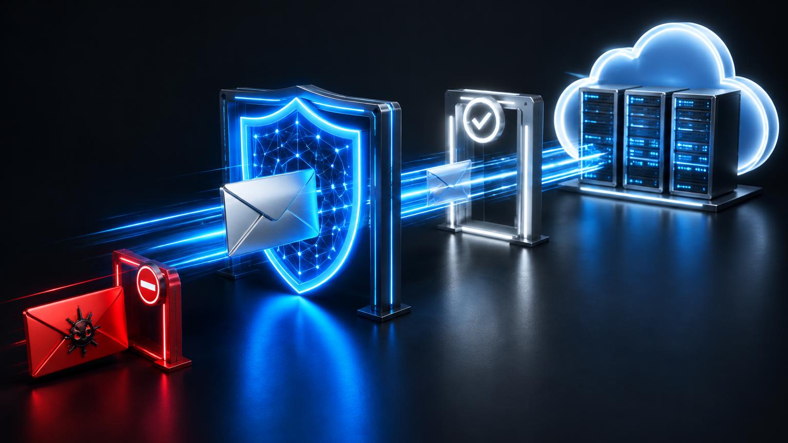 Email passing through a blue security shield and a verification gate towards cloud servers, with a malicious message stopped beside the route